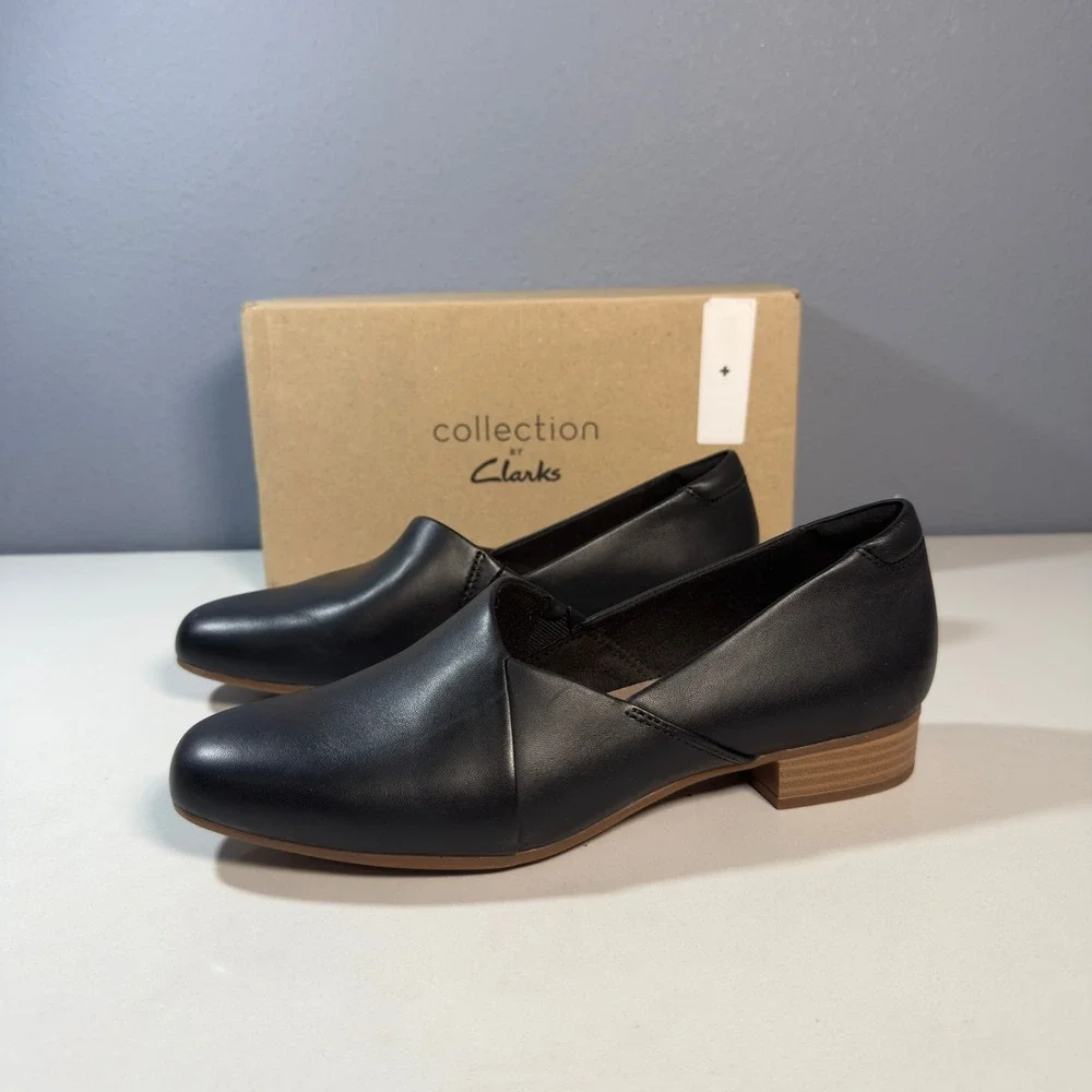 Clarks Collection Loafers Womens 6.5 Black Excellent Leather Slip On Block Heel